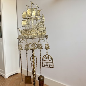 ON HOLD - Antique Brass Nautical Fireplace Tool Set: Don Fernando Ship, Early 20th Century