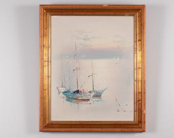 Vintage olieverfschilderij van een zeegezicht, zeilboten op zee, ingelijst origineel kunstwerk
