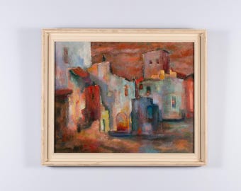 Vintage olieverfschilderij, Mediterraan stadsgezicht, Nederlandse modernistische kunst