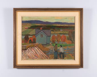 Vintage modernistisch olieverfschilderij van een landschap, een landelijke boerderijscène, origineel kunstwerk uit het midden van de 20e eeuw.