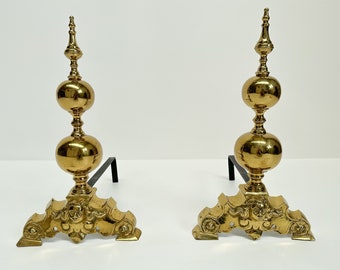 Antique Gilded Brass Andirons, Fireplace Accessories, Vintage Fireplace Decor, Fire Dogs, Log Holders