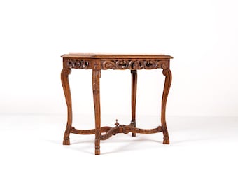 Antique Carved Oak Side Table with Pink Marble Top, Early 20th Century