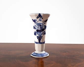 Vintage Delft handmålad väderkvarnsvas, blå & vit holländsk keramik