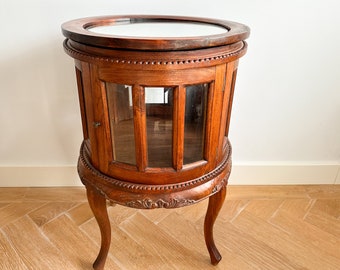 Vintage Walnut Tea Cabinet with Beveled Glass, Display Cabinet, End Table, Home Bar with Removable Tray, Round Drinks Cabinet