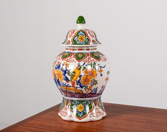 Antique Boch Frères Delft Lidded Vase – Hand-Painted Faience with Parrot & Floral Motif