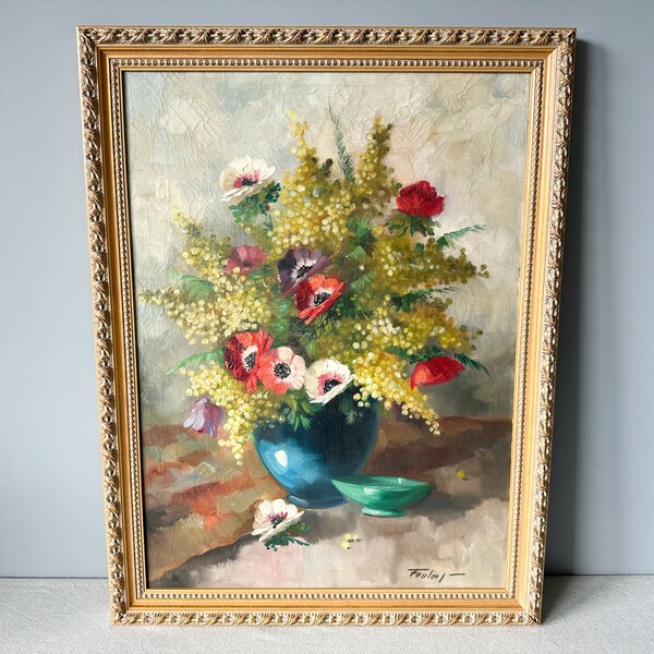 Still Life Vintage Original Oil Painting, Flowers Bouquet Painting, Vintage Gilt Frame