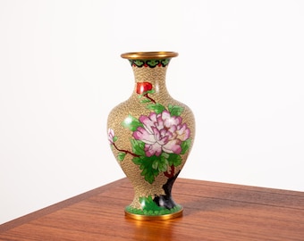 Vintage kinesisk Cloisonné emaljvas med piondekor
