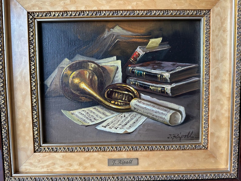 J Ripoll Vintage Trumpet Still Life Oil Painting by J.ripoll, Gilt Frame (18x20 ...