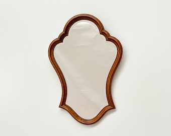 Vintage Wooden Mirror with Beveled Glass | Wall Hanging Scalloped Mirror