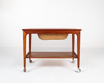 Mid-century Teak Sewing Table or Bar Cart with Slide Out Basket