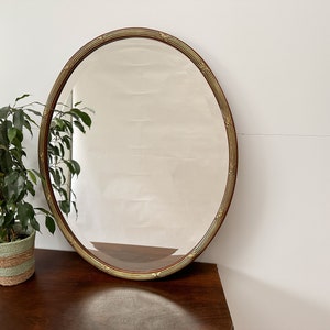 Vintage Large Wooden Mirror with Brass Decor and Beveled Glass