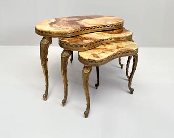 Vintage Brass & Onyx Nesting Tables, Hollywood Regency