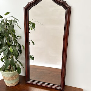 May include: A tall, rectangular mirror with a dark wood frame. The frame has a curved top and a simple, elegant design. The mirror is reflecting a plant in a pot.