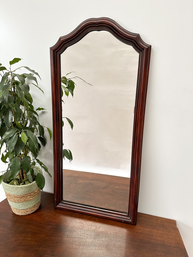 May include: A tall, rectangular mirror with a dark wood frame. The frame has a curved top and a simple, elegant design. The mirror is reflecting a plant in a pot.