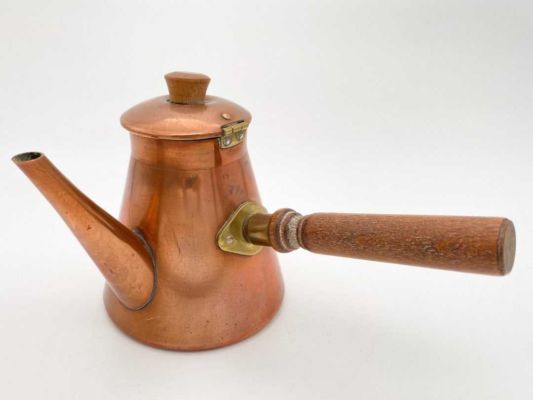 Antique Large Copper Cowboy Coffee Pot Wooden Bail Handle Original