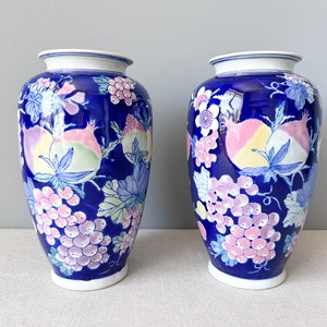 Pair of Colorful Oriental Vases – Blue Porcelain with Fruit and Floral Design – Vintage Chinese Style Decor
