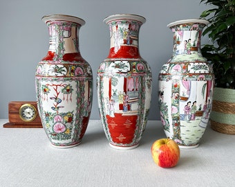 Vintage set of 3 Chinese Famille Rose Vases, Garniture, Famille Rose Medallion Vases, Chinoiserie Vases, Oriental Vases