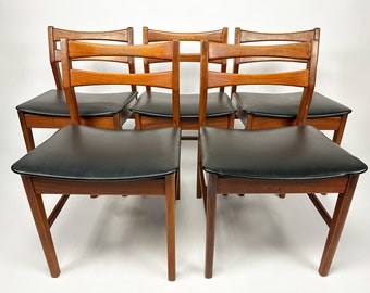 Set of 5 Mid Century 1960s Teak Danish Style Dining Chairs with Black Skai Seats