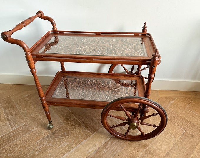 Vintage RARE Carved Wood Tea Cart, Carved Wood Side Table on Wheels