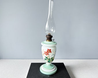 Antique Opaline Glass Oil Lamp: Hand-Painted Floral Decor