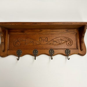 Vintage Dutch Wall Coat Rack, Carved Wood Coat Rack with Shelf