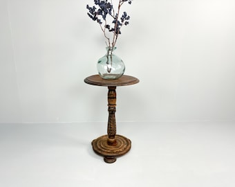 Vintage Wooden Plant Stand with Carved Decor, Wooden Pedestal