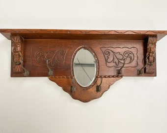 Vintage Dutch Wall Coat Rack with Mirror, Entryway Coat Rack with Shelf, Carved Wood Coat Rack