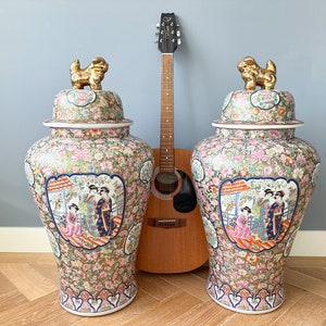 Vintage Famille Rose Vases: 33&quot; Chinoiserie Geisha Floor Vase Pair