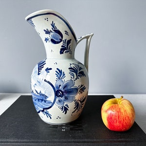 Vintage Delft Blue Hand-Painted Pitcher, Original Delftware, Blue White Porcelain,  Dutch pottery, Handpainted vase, Holland vase