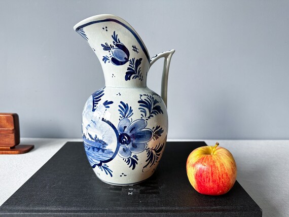 青と白の花柄 蓋付き壺 オランダ デルフト焼き アンティーク雑貨 鳥の