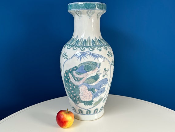 Vintage Chinese Floor Vase: Ceramic Floral Bird Motif