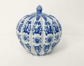 Vintage Chinese Ceramic Lidded Jar: Blue Floral Vase