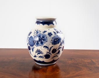 Vintage Delft Holland handmålad blå & vit blomvas, 1900-talet