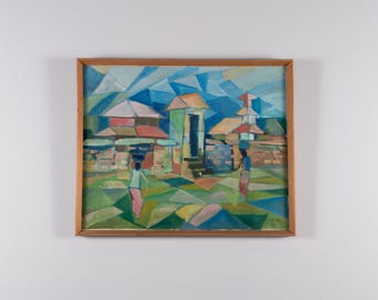 Deens modernistisch olieverfschilderij, kleurrijk dorpslandschap, kunst uit het midden van de 20e eeuw.