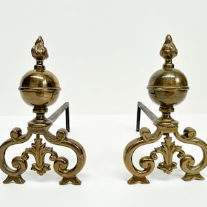 Antique Brass Andirons, Fireplace Accessories, Vintage Fireplace Decor, Fire Dogs, Log Holders