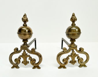 Antique Brass Andirons, Fireplace Accessories, Vintage Fireplace Decor, Fire Dogs, Log Holders