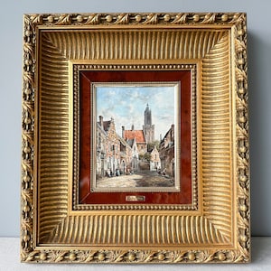 Vintage Dutch Street Scene Oil Painting in Gilt Frame, Signed