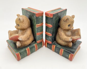 Vintage Teddy Bear Bookends, Nursery Book Shelf Decor, Heavy Bookends, Unique Bookends, Antique Bookends, Teddy Bear Figurine