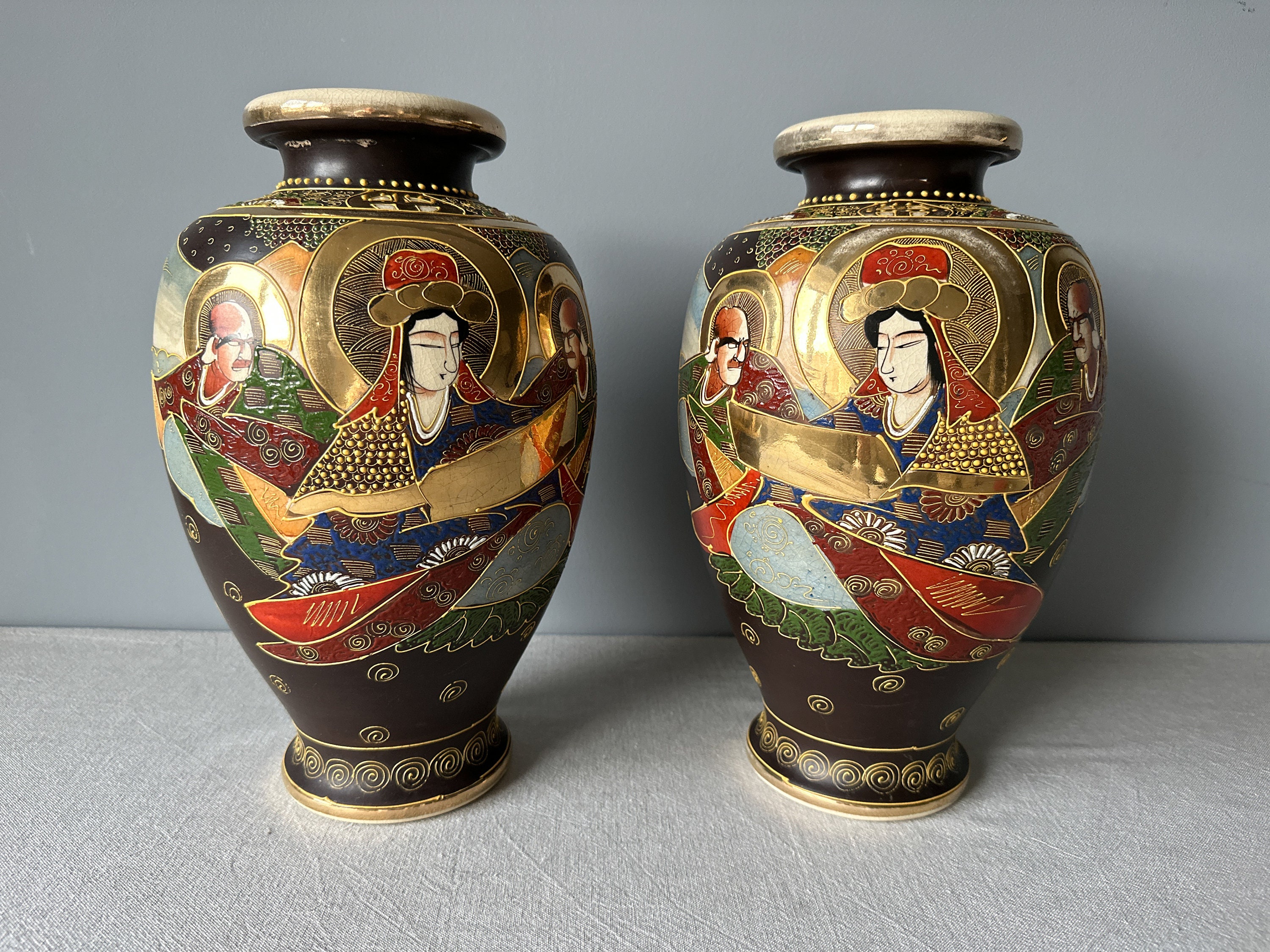 Pair of Vintage/Antique Japanese Cobalt Porcelain Satsuma Vases, 12 3/4”  Tall