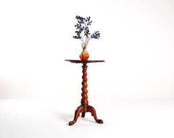 Antique Carved Mahogany Side Table with Barley Twist Pedestal, 19th Century