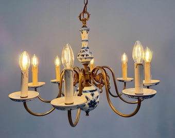 Vintage Delft Blue Chandelier with 8 light Arms