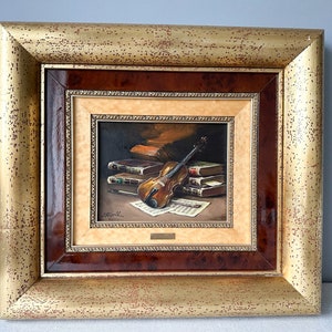 Unique Still Life Vintage Original Oil Painting by J.Ripoll, Still Life with Violin, Gilt Frame, 18" x 20", Gift for a Musician, Oil on Wood