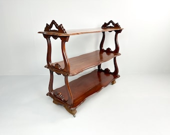 Antique Mahogany Veneer 3-Tier Étagère on Wheels – 19th Century