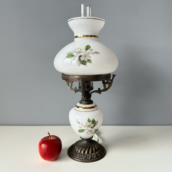 Vintage Milk Glass Table Lamp with Flower Decor, 15.5" Height, Europlug, Jasmin Tree, Gone With The Wind Lamp