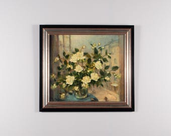 Vintage olieverfschilderij, stilleven met witte rozen, Nederlandse bloemkunst