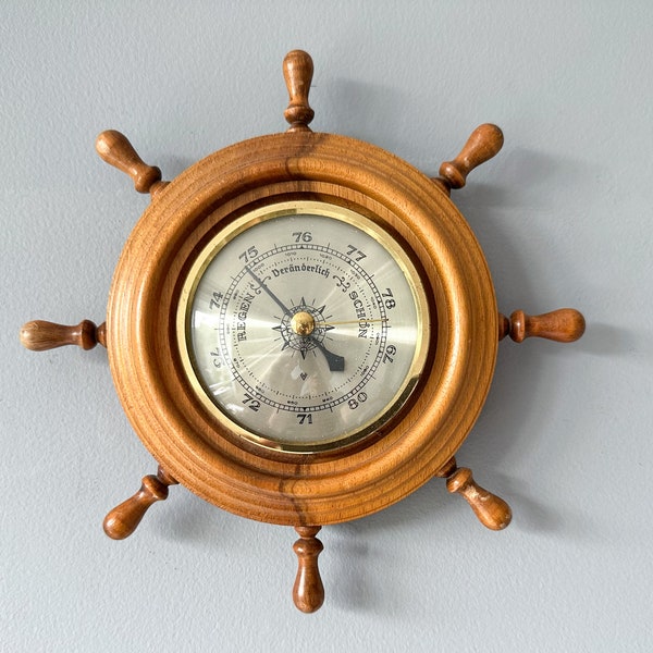 Vintage Wooden Maritime BAROMETER in Steering Wheel Design, German Barometer