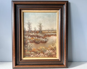 peinture à l'huile originale vintage, paysage de forêt sombre avec des vaches, 23 "x 18,5", peinture de pays, peinture de chalet, décor de ferme