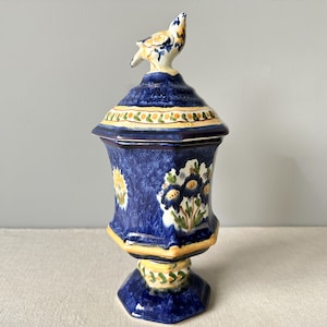 Antique Rare BOCH Lidded Vase with Bird Figurine, 11.5" High, Ginger Jar, Antique Urn, Hand-painted Vase, Unique Find, BOCH Frères Keramis
