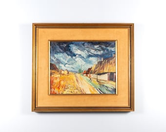 Vintage Europees landschapsschilderij, ingelijst origineel kunstwerk, kleurrijke dorpsscène