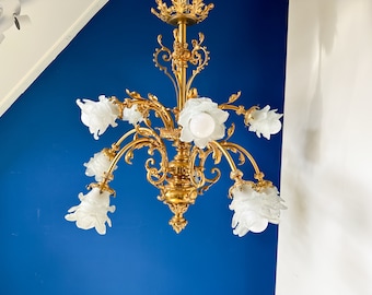 Vintage Gilded Chandelier: Frosted Glass Lampshades, Ten Lights